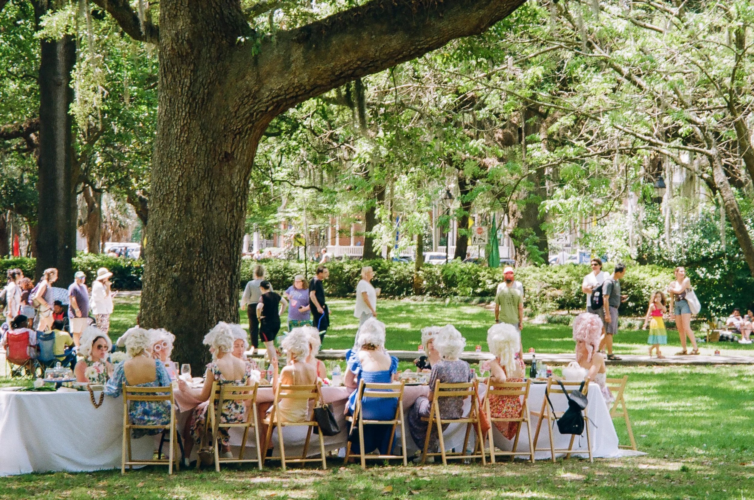  Rococo fans dining in the park.   I couldn’t tell if the person second from the left facing the camera was posing? What do you think? 